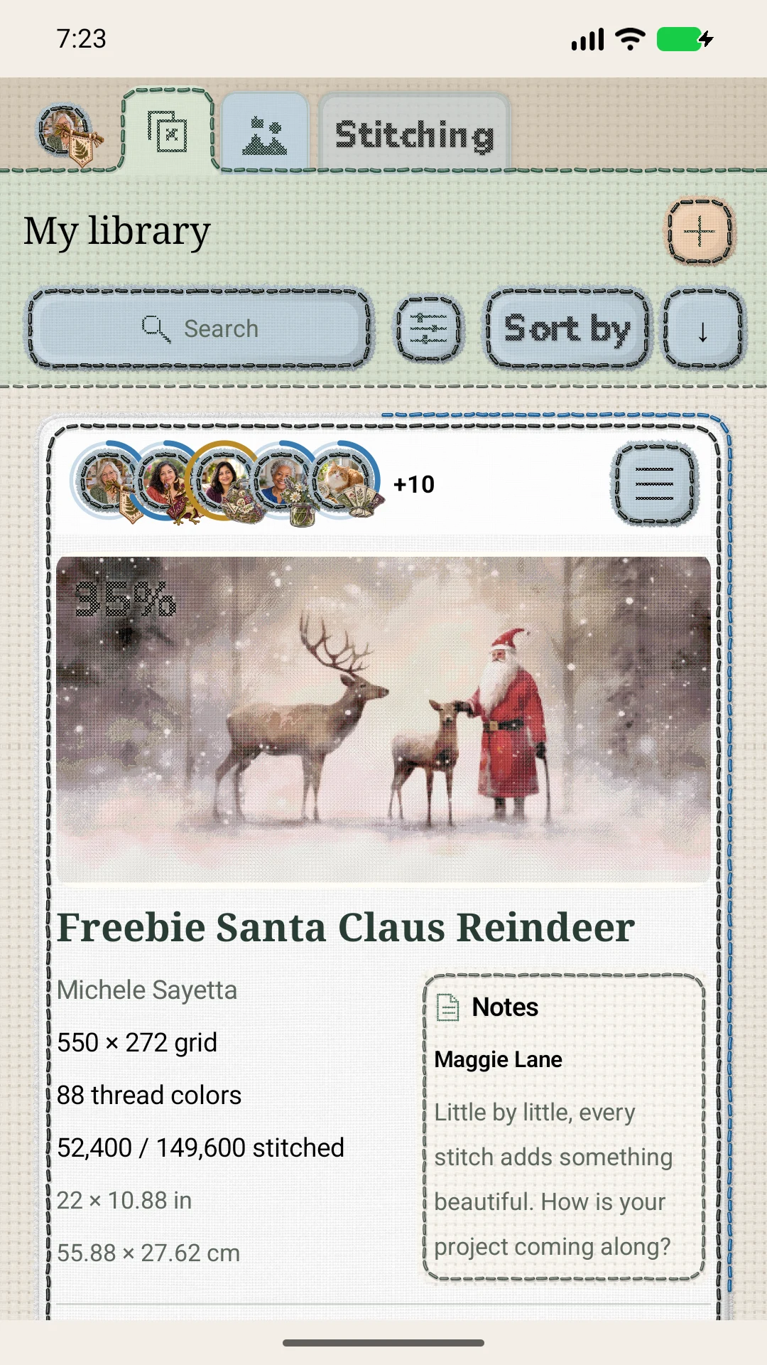 Santa and reindeer pattern in the AllMyXs library, with stitched avatars and progress