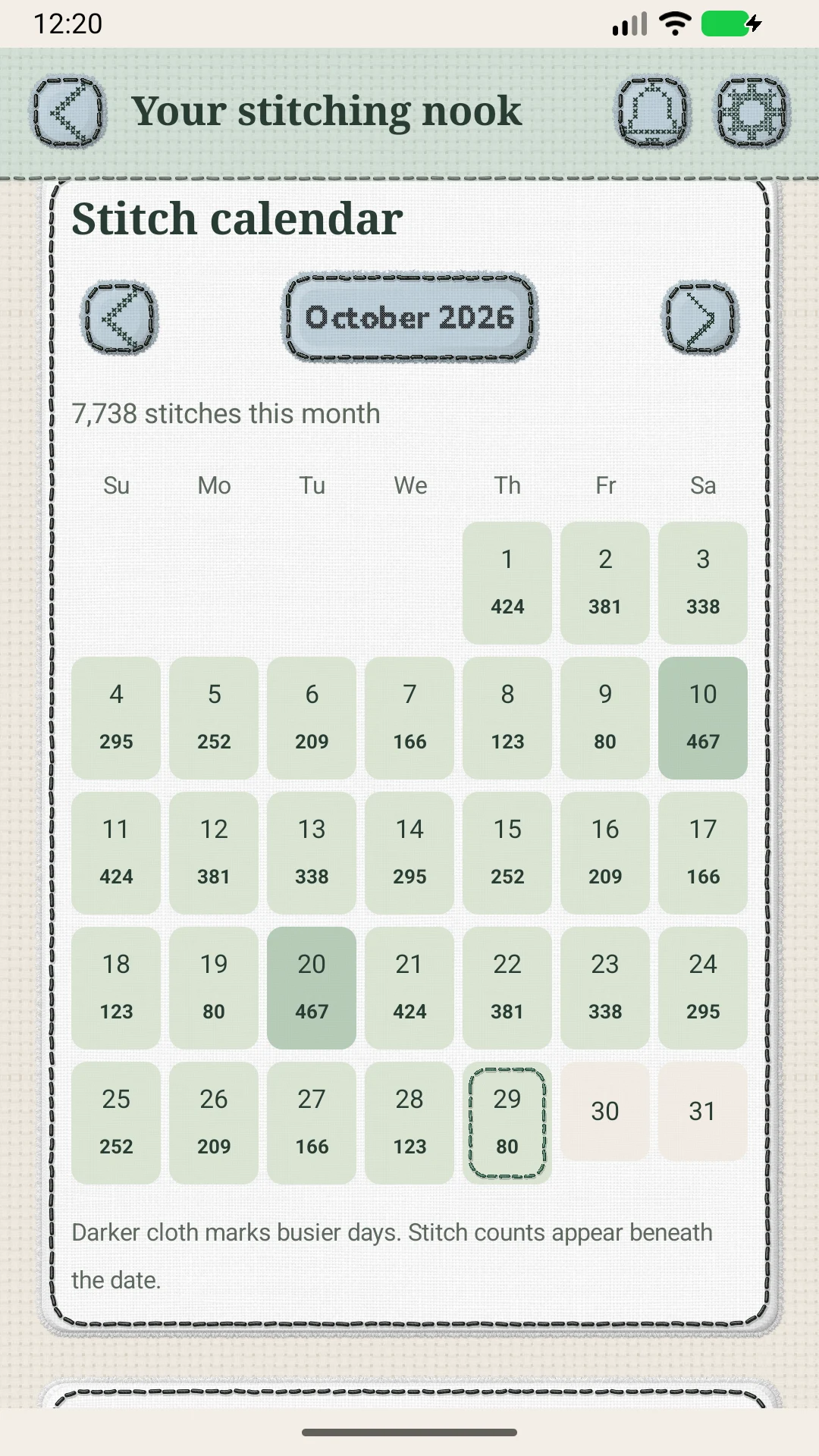 The stitch calendar filled with fictional daily stitching activity